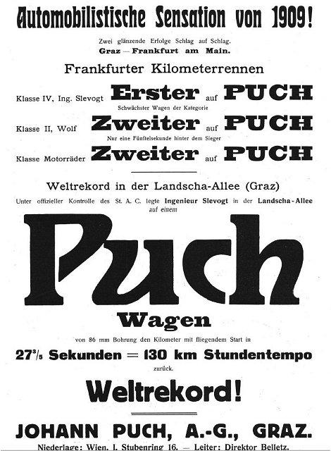 Puch Werbung 1909 Graz-Frankfurt